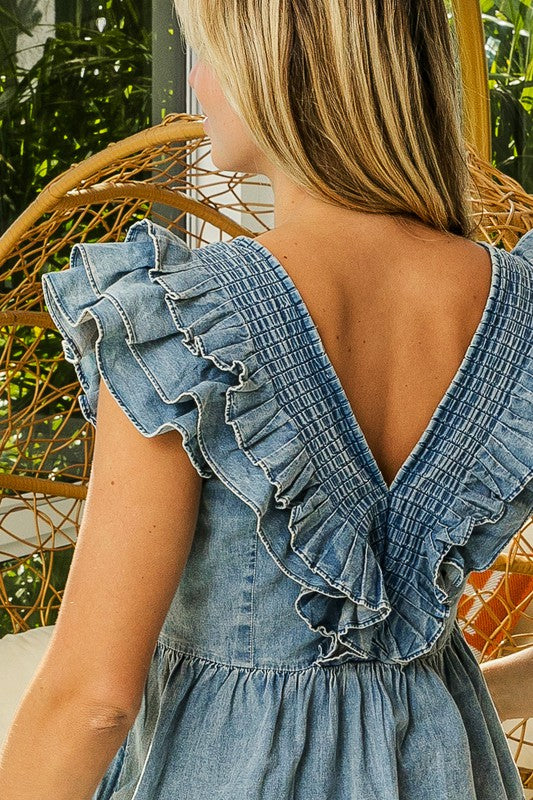 Smocked v-neck ruffle sleeve top