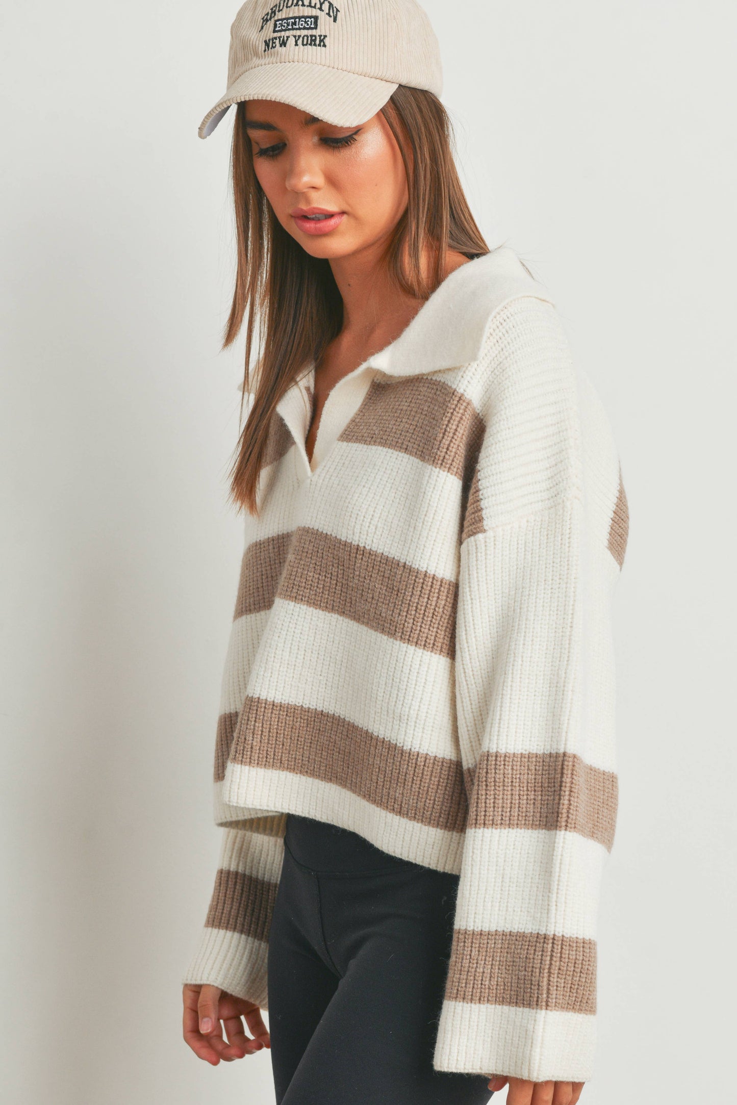 STRIPE DROP SHOULDER WITH WIDE COLLAR Sweater