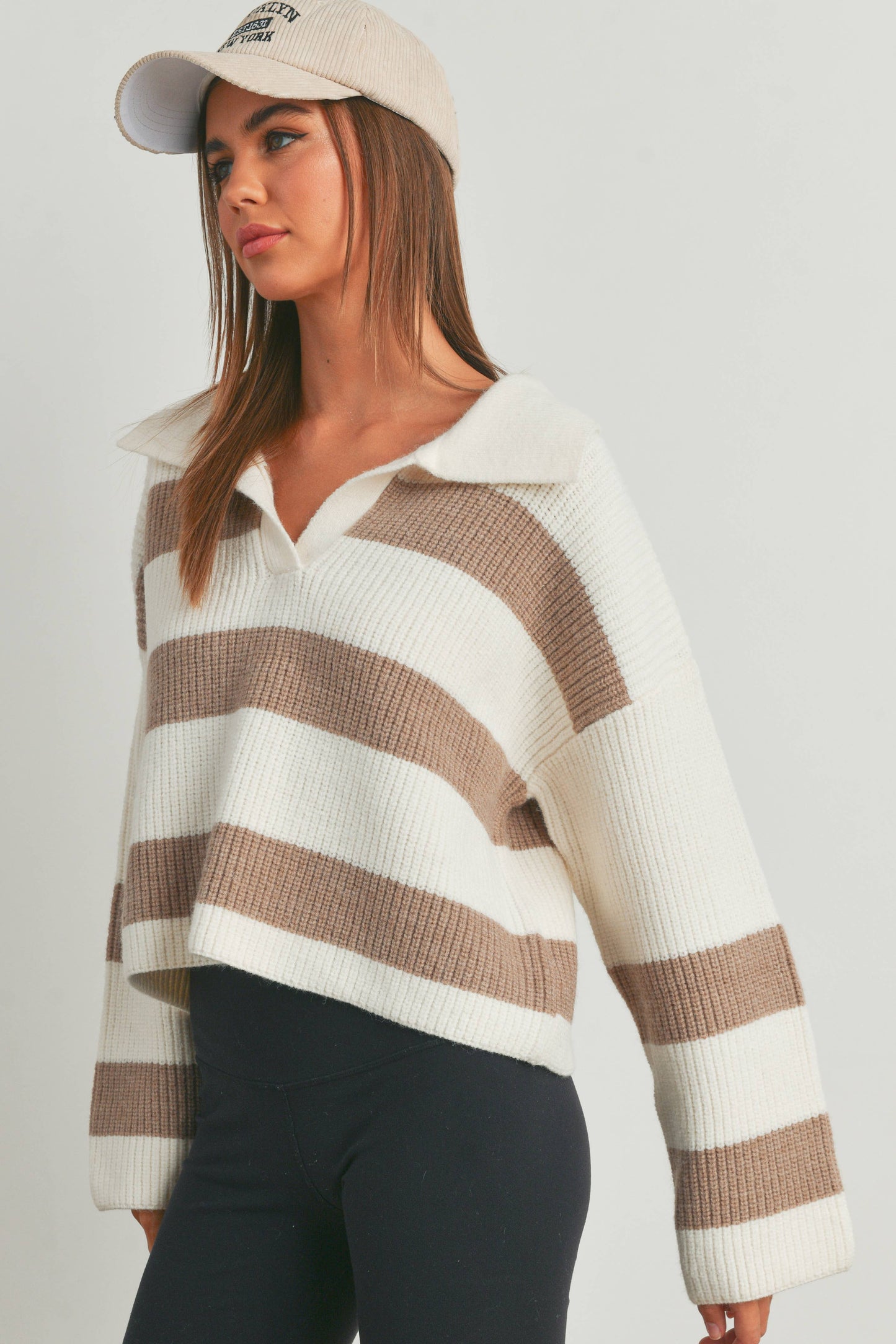 STRIPE DROP SHOULDER WITH WIDE COLLAR Sweater