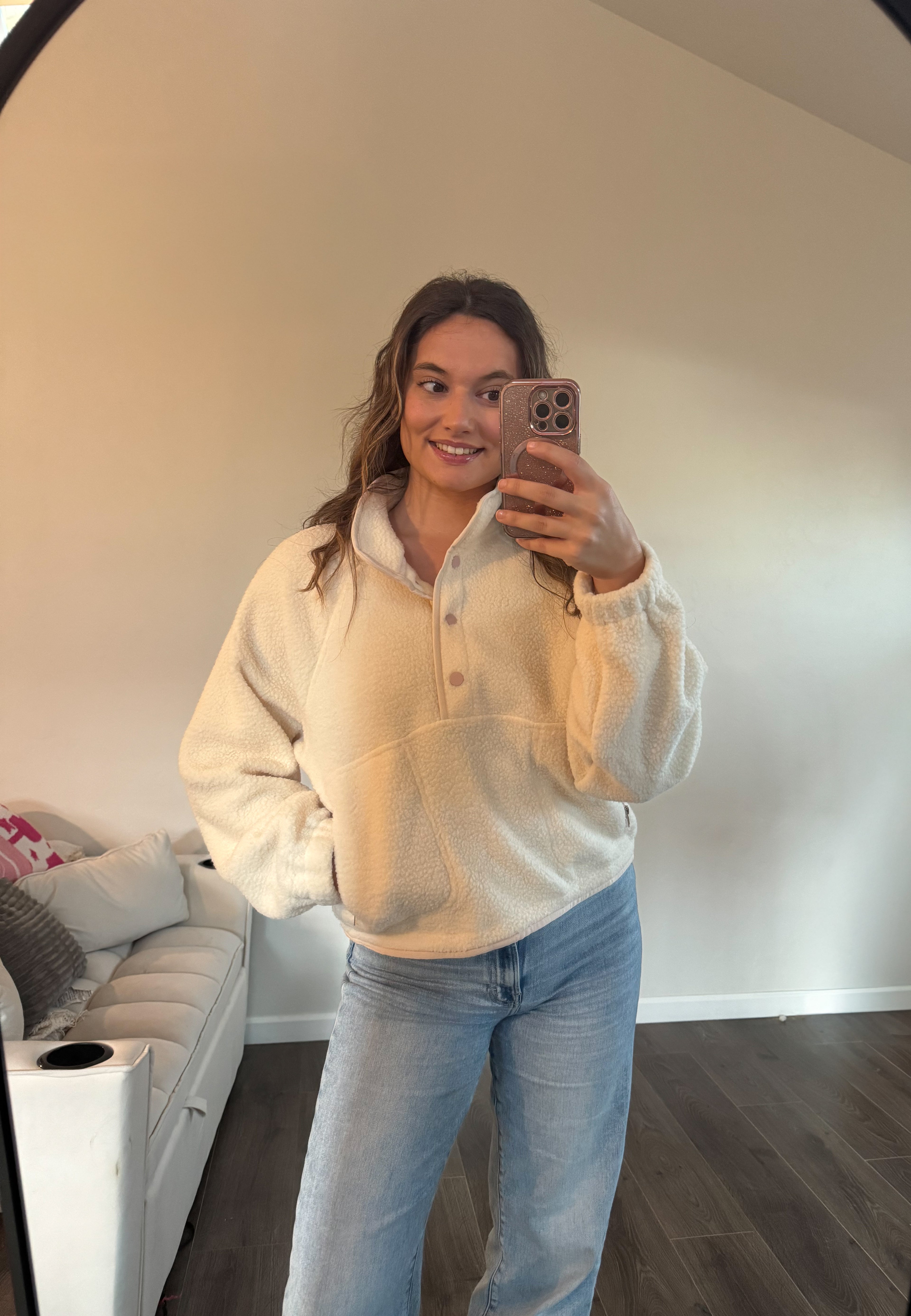 Ivory/Pink FLEECE BUTTON FRONT SIDE POCKET LONG SLEEVE TOP