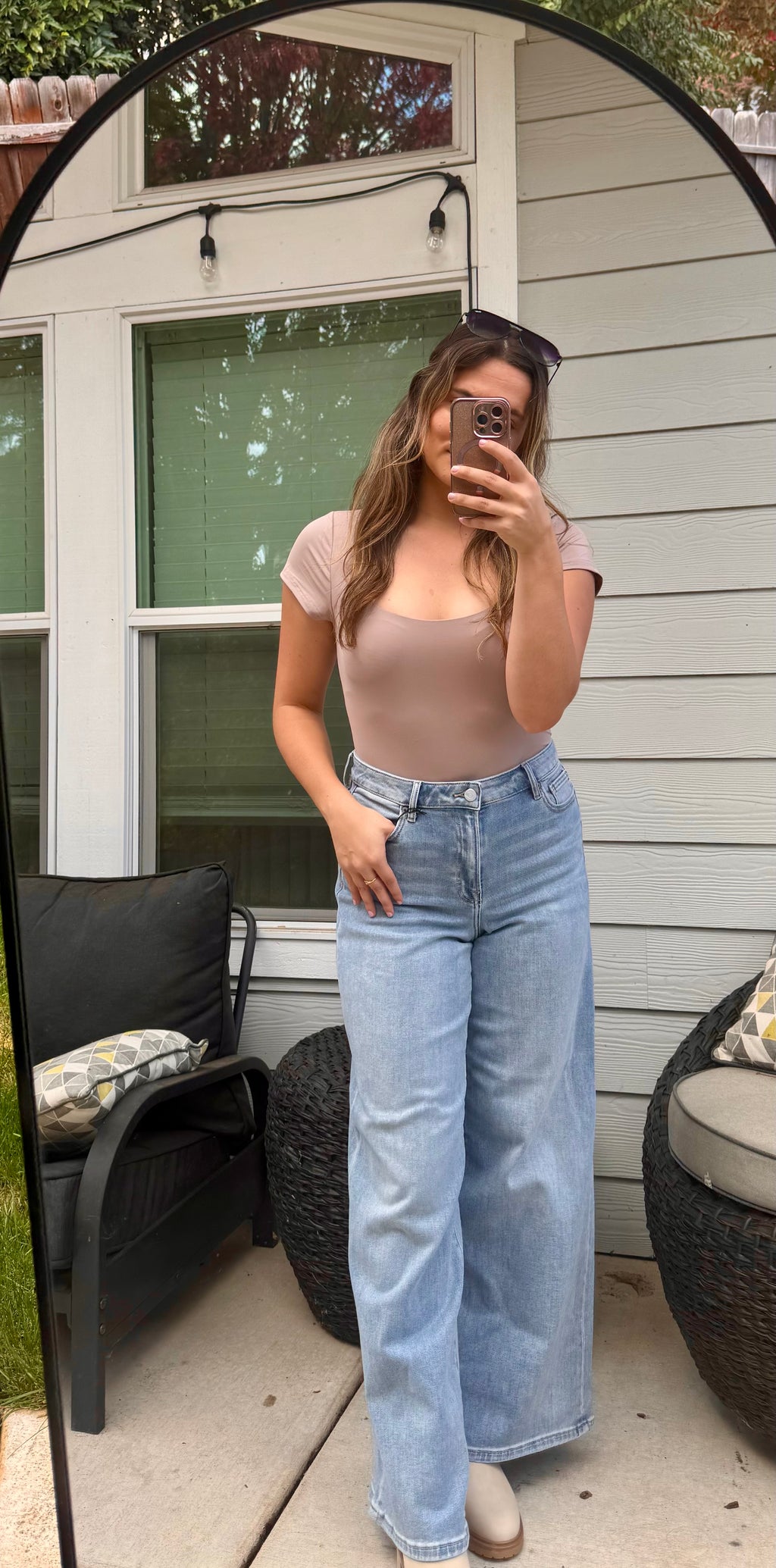 Medium light clean stretch high rise wide leg hidden jeans