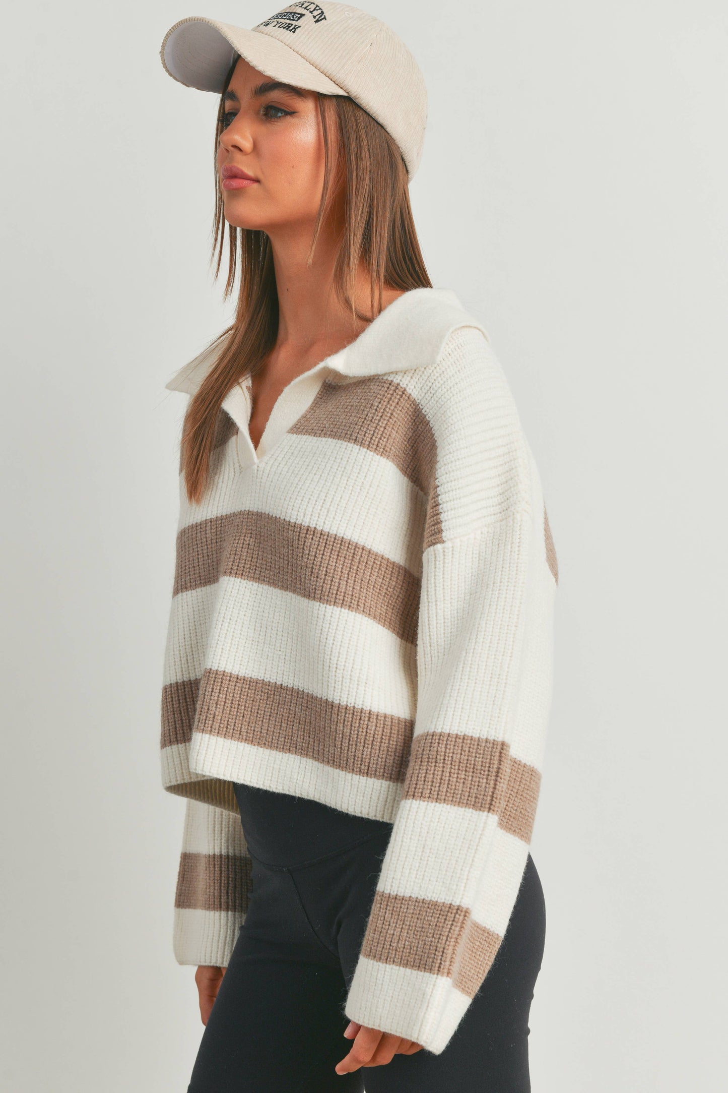 STRIPE DROP SHOULDER WITH WIDE COLLAR Sweater