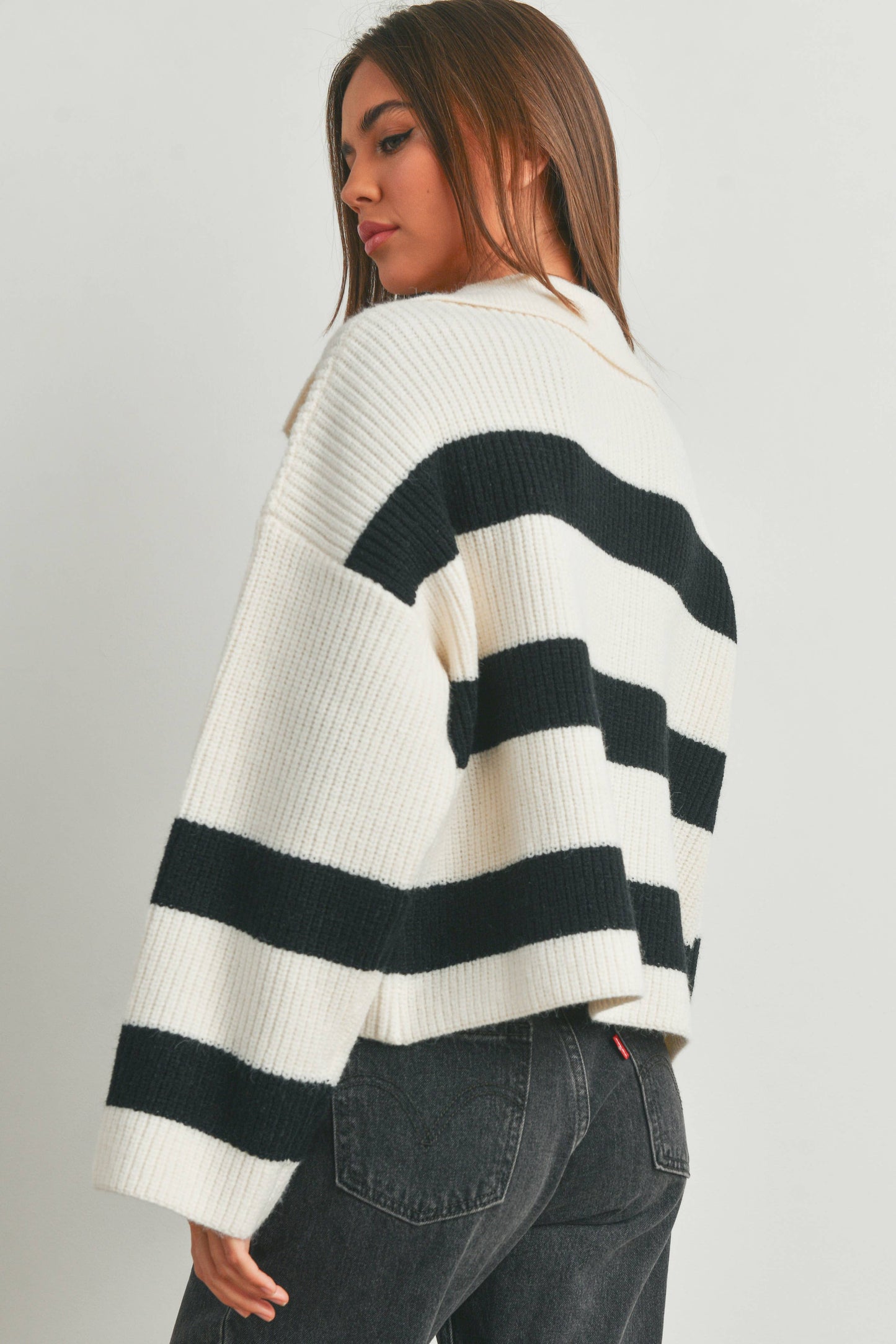 Black STRIPE DROP SHOULDER WITH WIDE COLLAR SWEATER