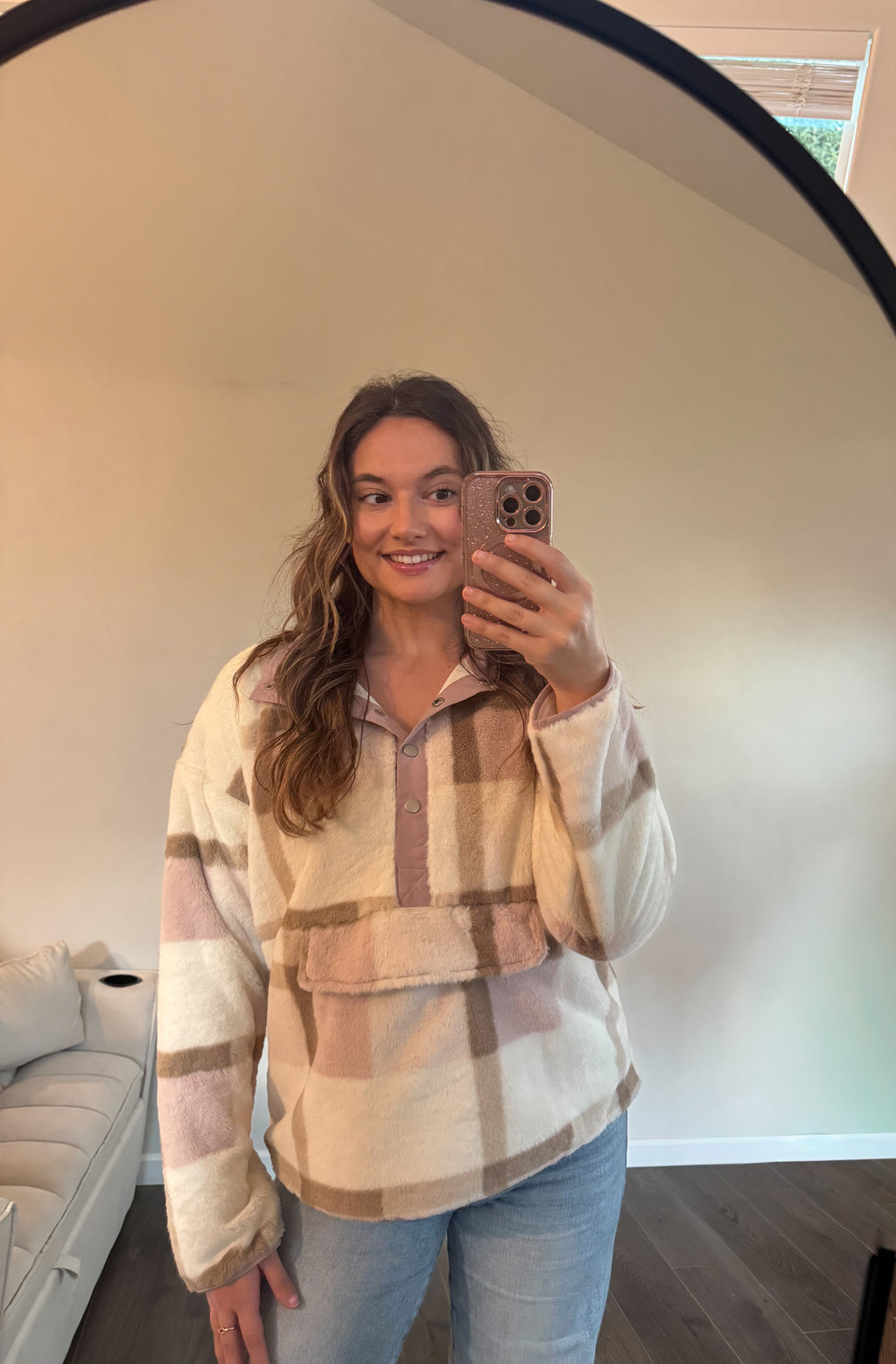 Soft Fur Plaid Button Up Pocket Front Pullover (SO SOFT)