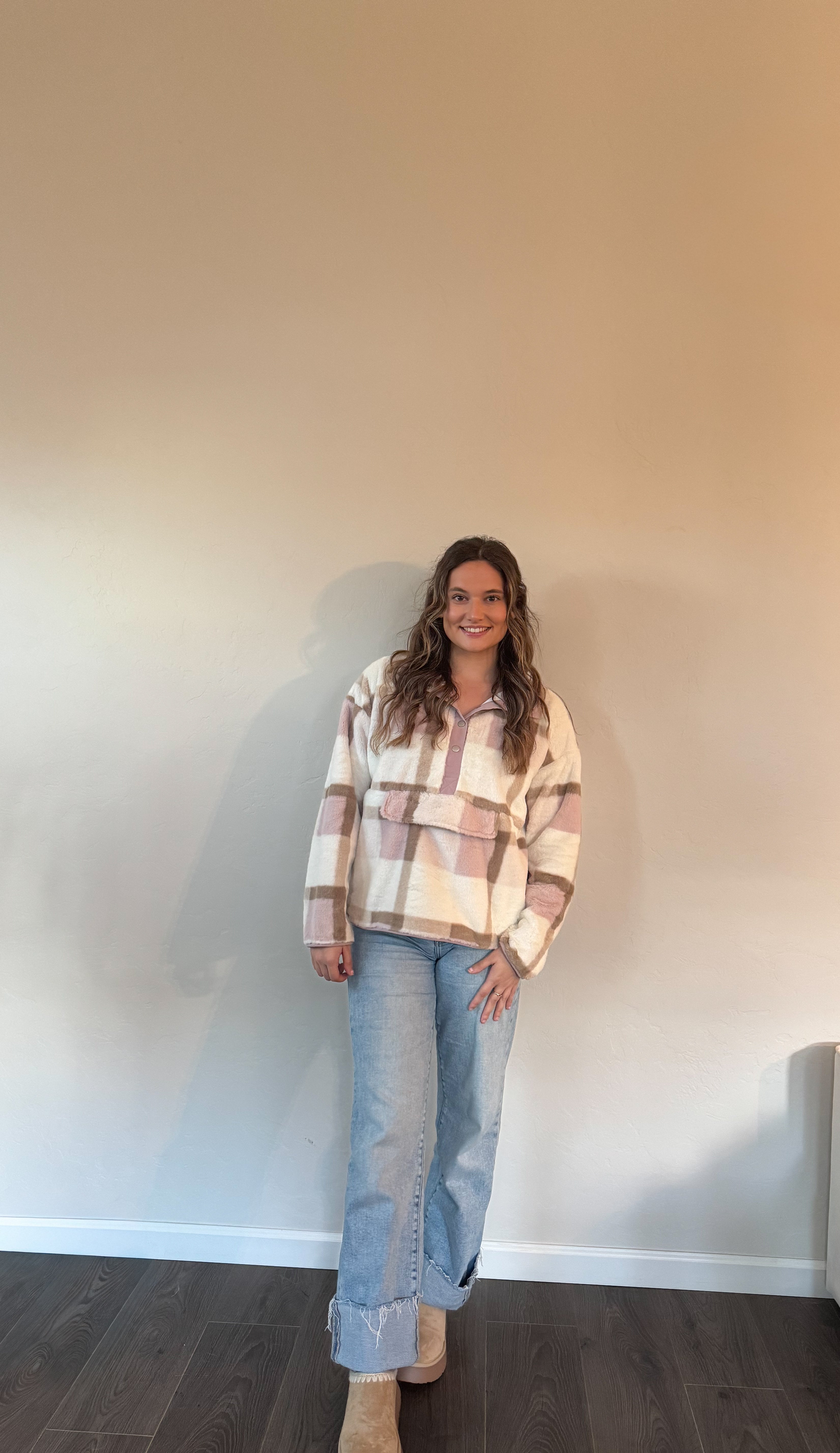 Soft Fur Plaid Button Up Pocket Front Pullover (SO SOFT)