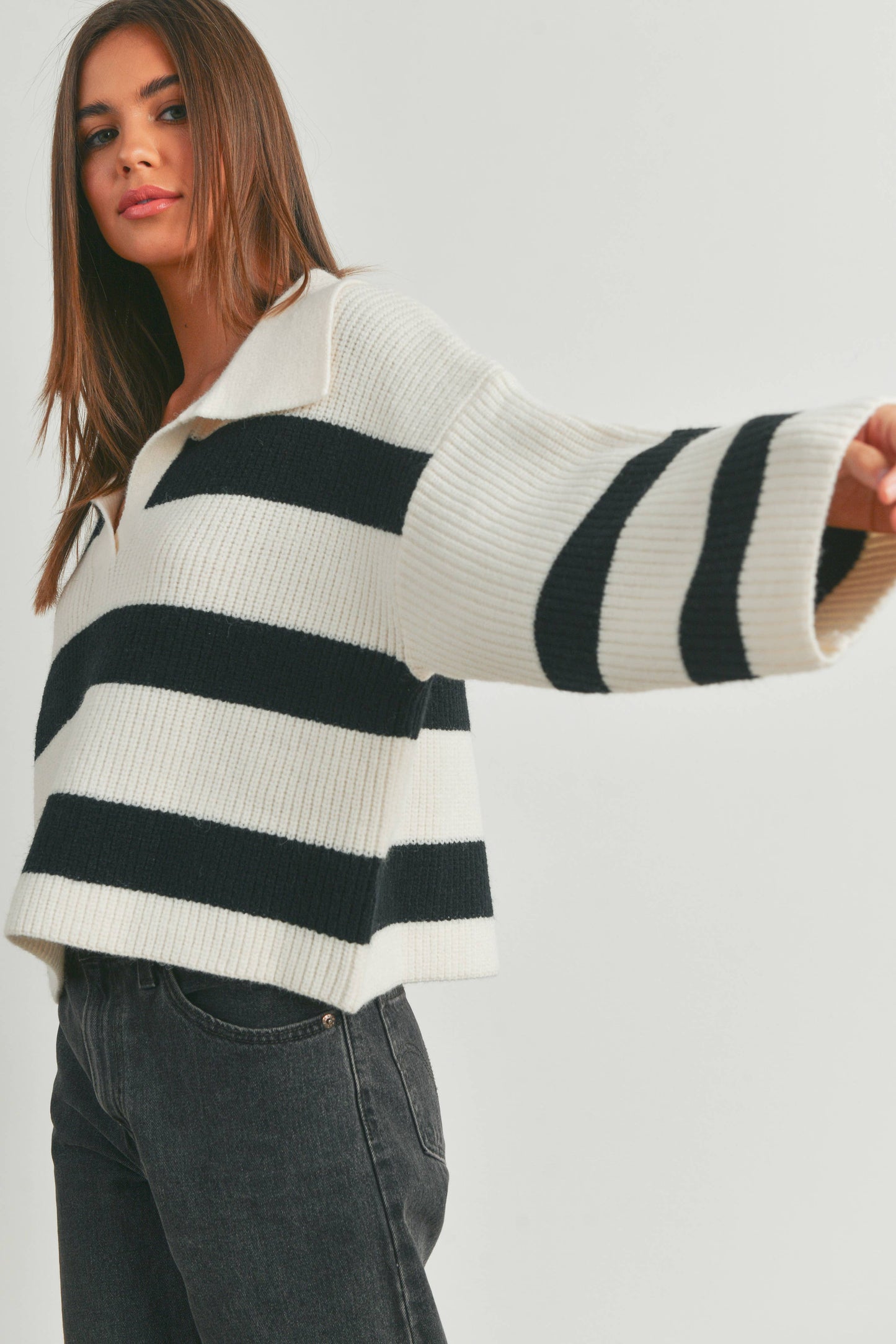 Black STRIPE DROP SHOULDER WITH WIDE COLLAR SWEATER