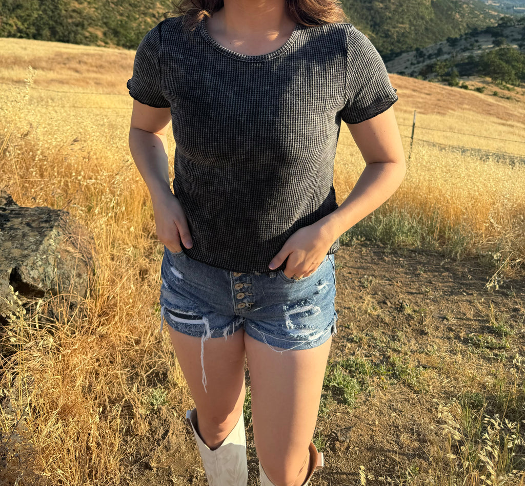 Mineral washed lettuce hem knit top