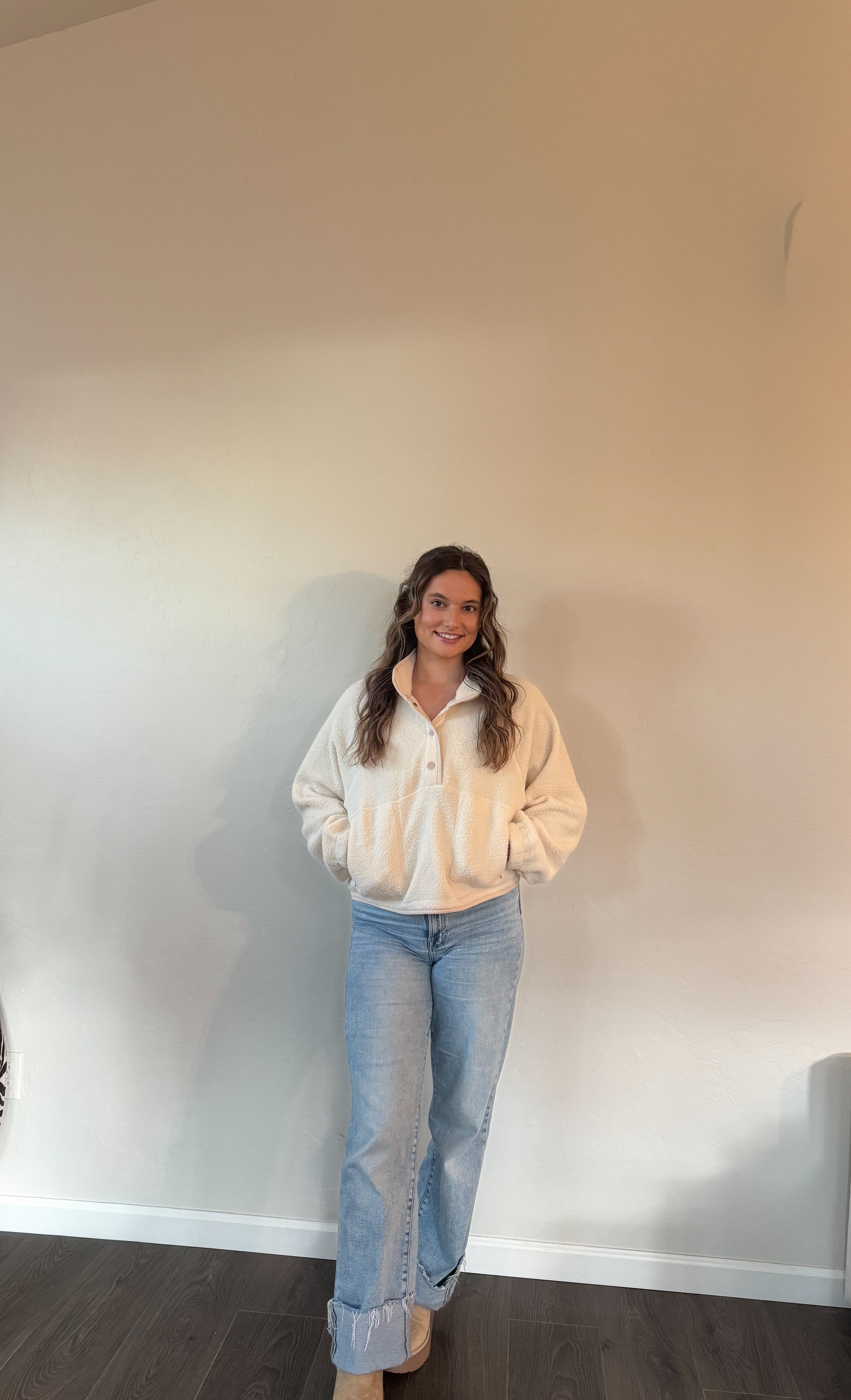 Ivory/Pink FLEECE BUTTON FRONT SIDE POCKET LONG SLEEVE TOP