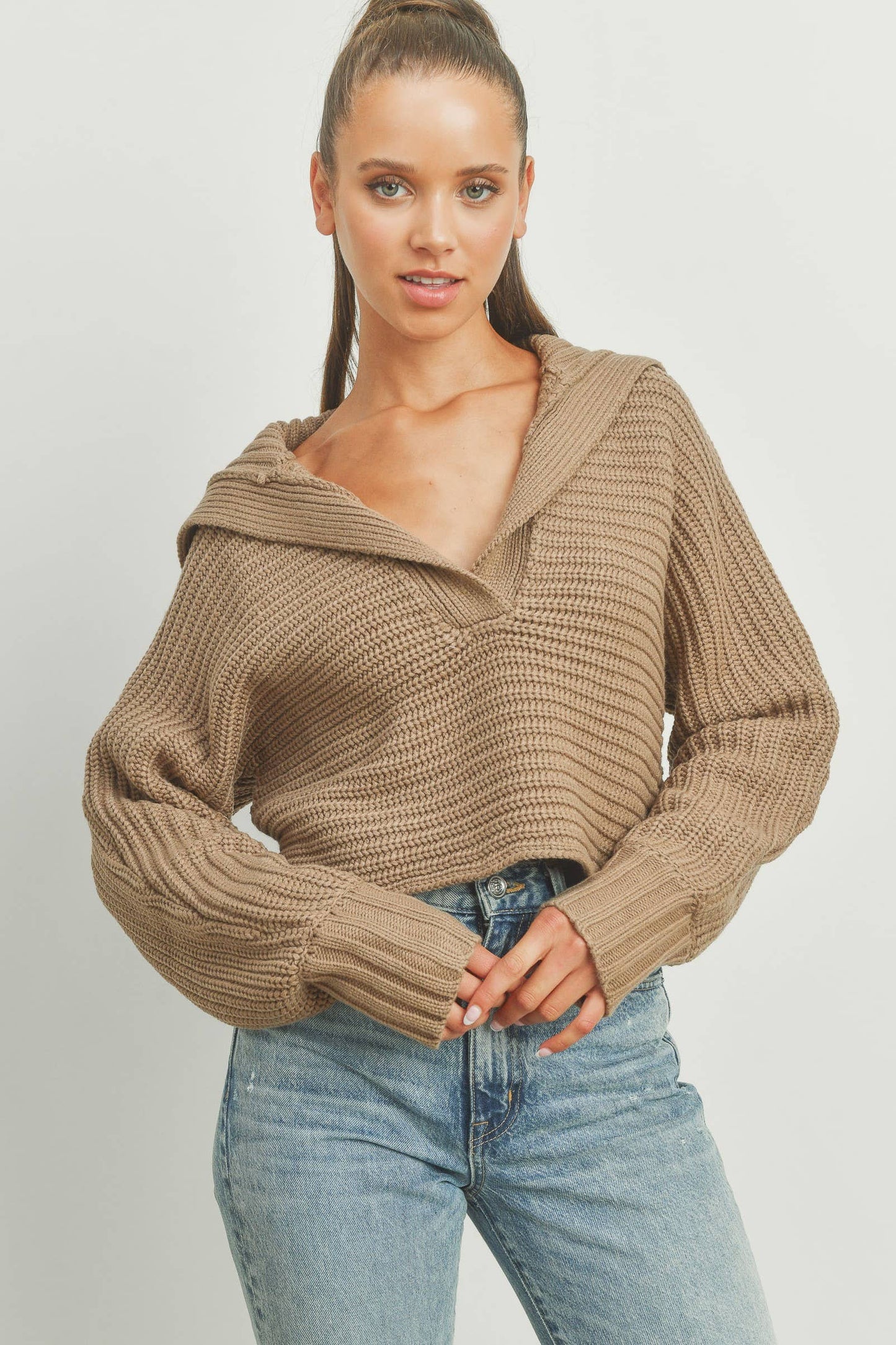 Taupe DRAMA COLLAR V NECK SWEATER