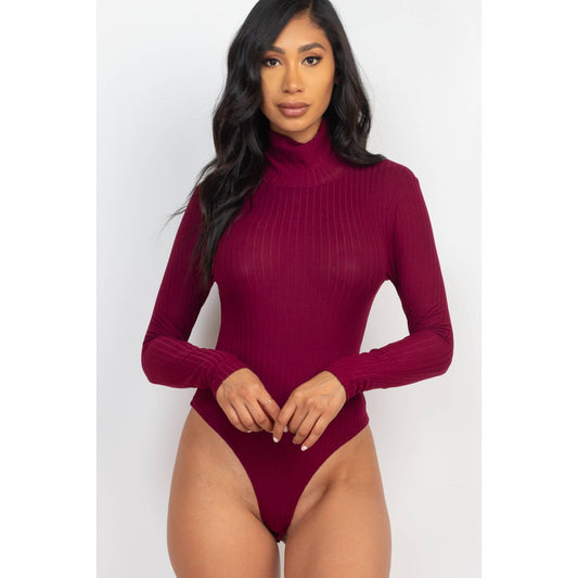 Ribbed Turtle Neck Long Sleeve Bodysuit: BURGUNDY