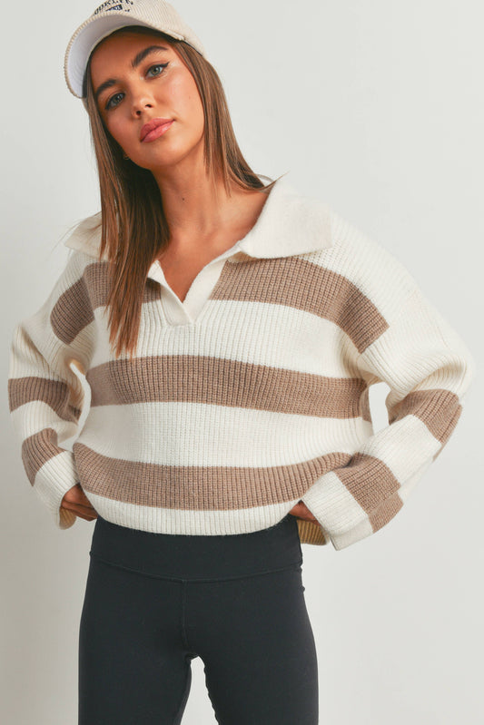 STRIPE DROP SHOULDER WITH WIDE COLLAR Sweater