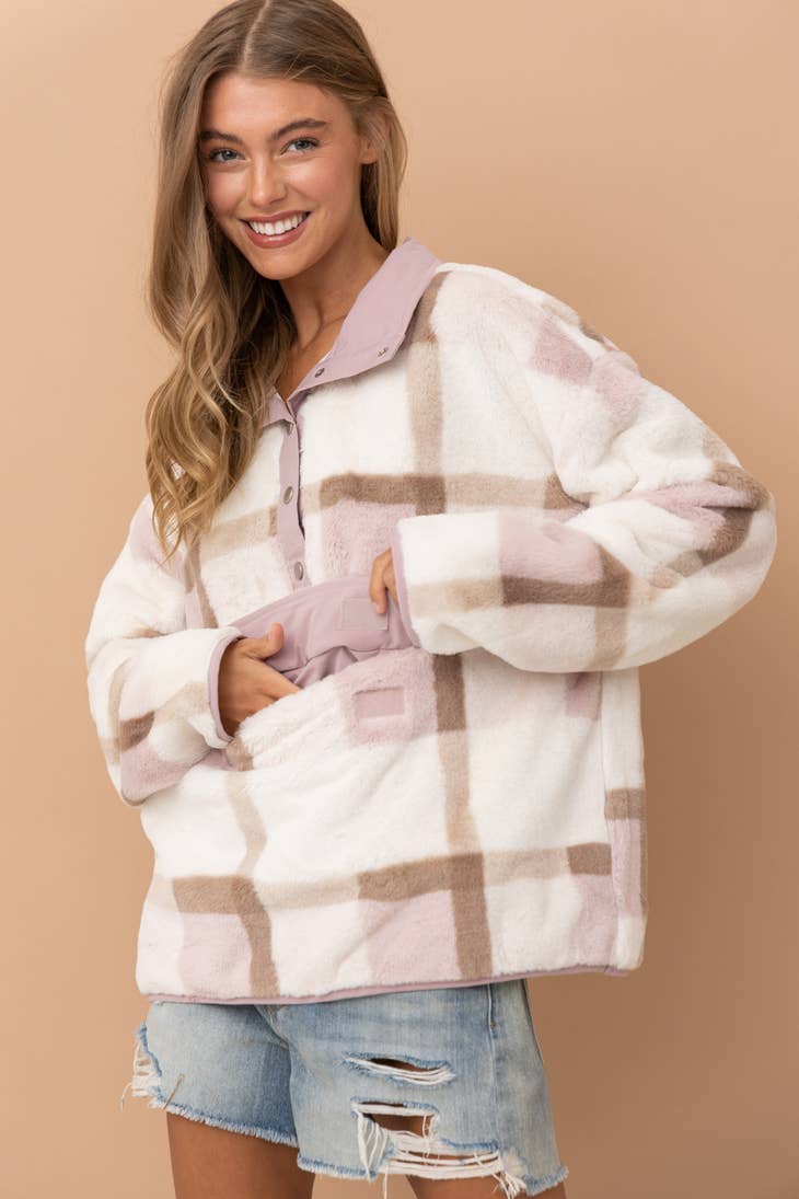 Soft Fur Plaid Button Up Pocket Front Pullover (SO SOFT)