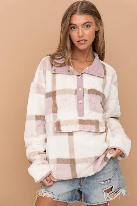 Soft Fur Plaid Button Up Pocket Front Pullover (SO SOFT)