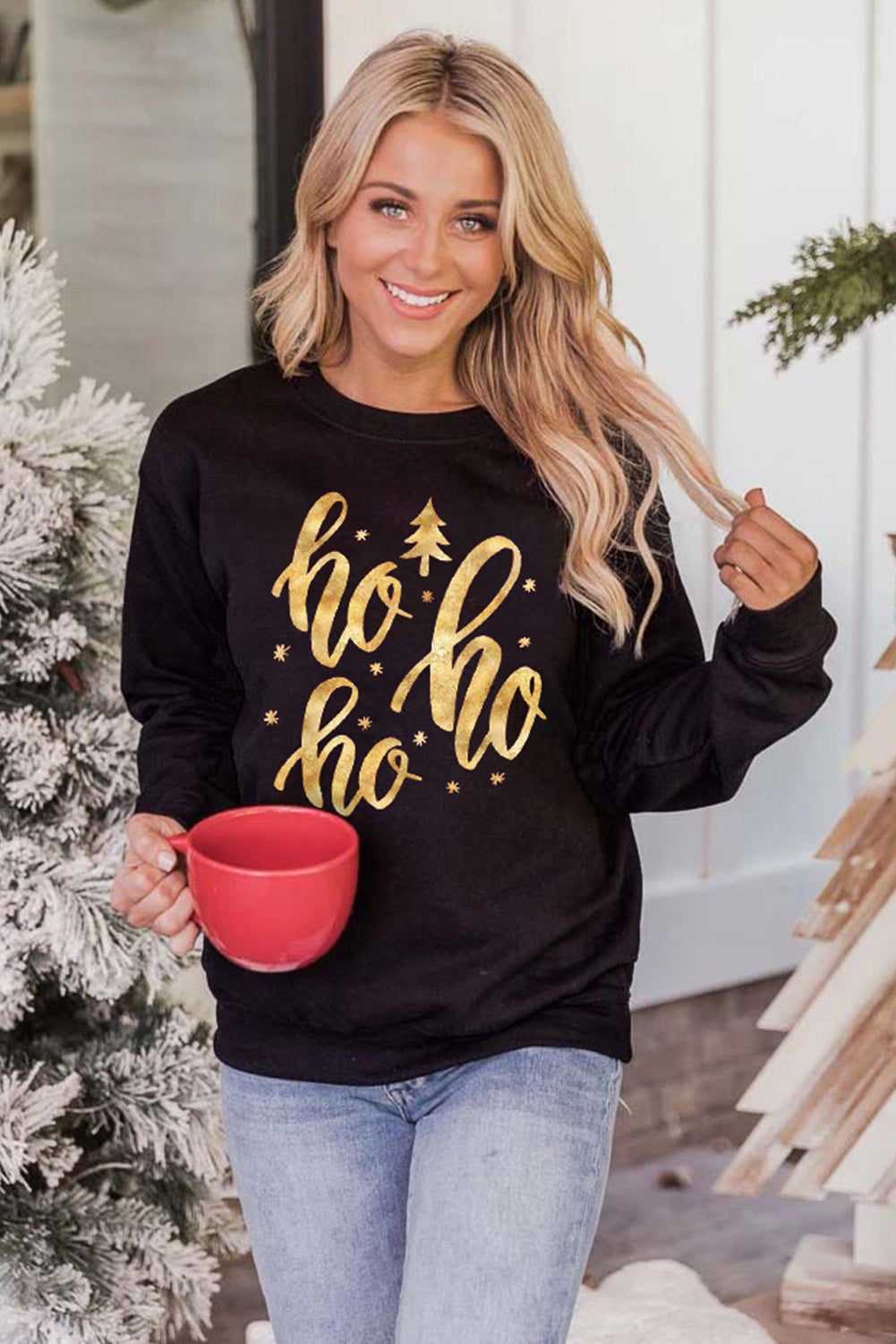 Black Christmas HO HO HO Graphic Crewneck Sweatshirt