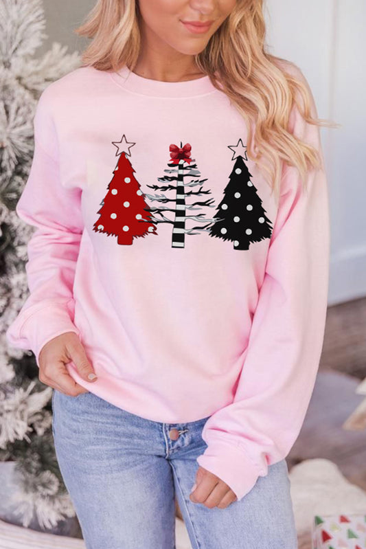 Pink Christmas Tree Graphic Print Pullover Sweatshirt