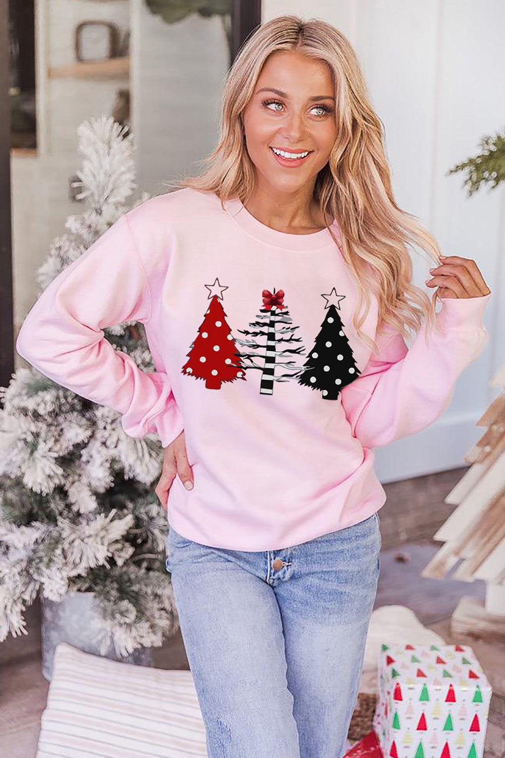 Pink Christmas Tree Graphic Print Pullover Sweatshirt