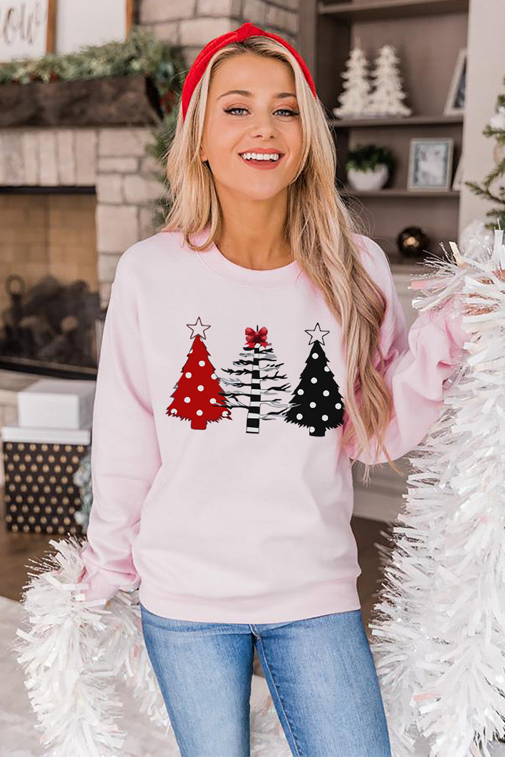 Pink Christmas Tree Graphic Print Pullover Sweatshirt