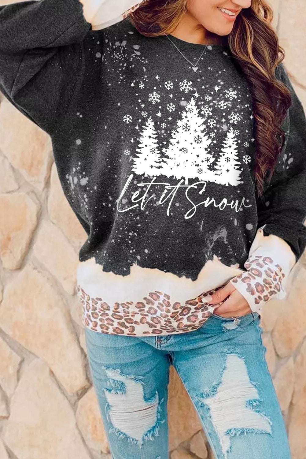 Black Snowy Christmas Graphic Leopard Bleached Sweatshirt