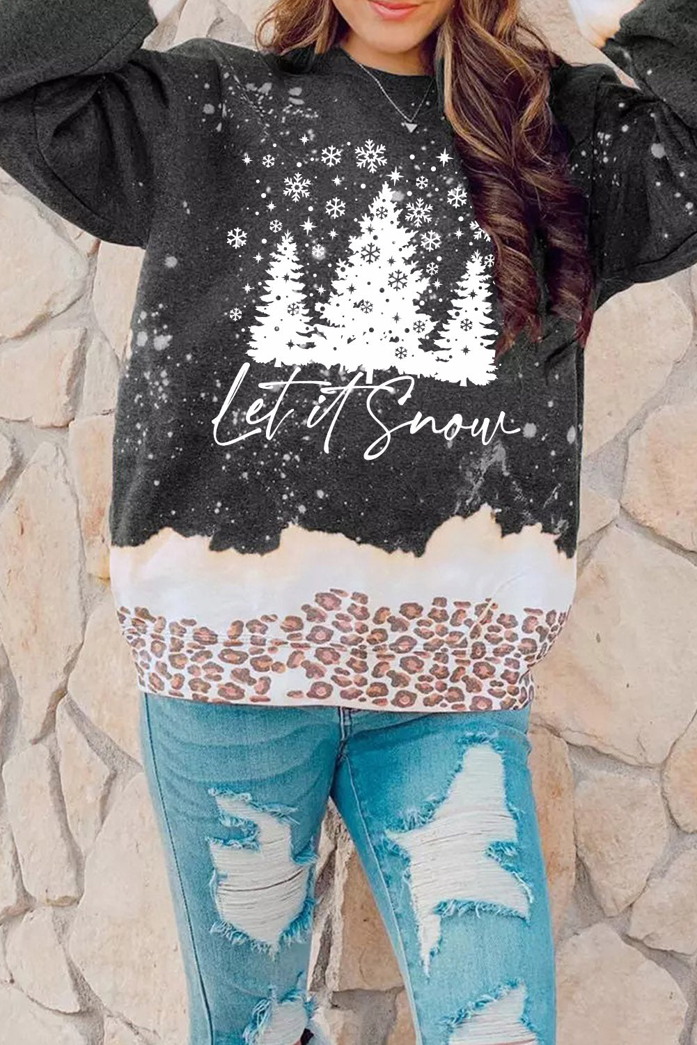 Black Snowy Christmas Graphic Leopard Bleached Sweatshirt