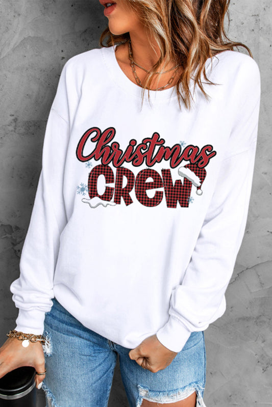 White Christmas Crew Plaid Graphic Print Pullover Sweatshirt