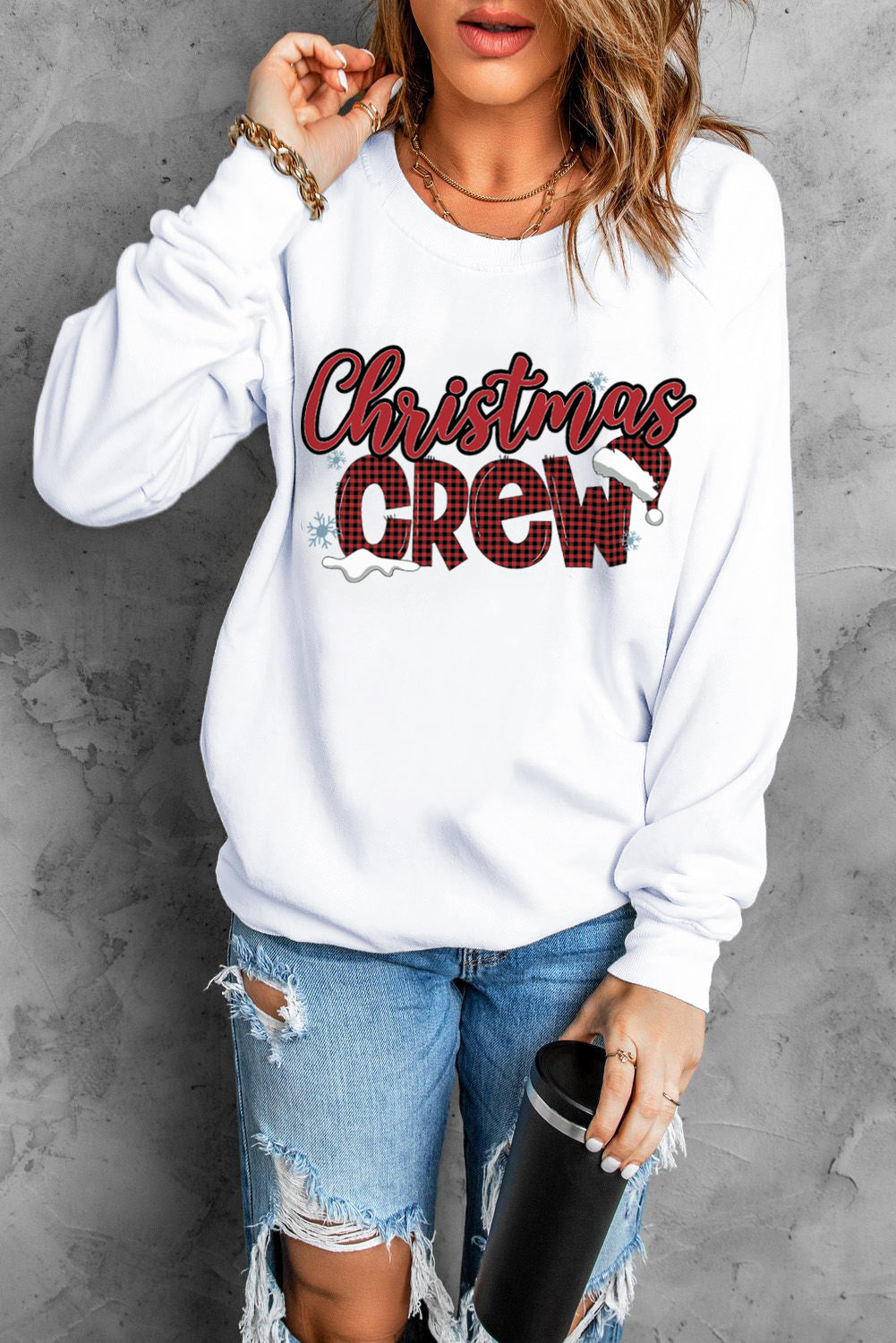 White Christmas Crew Plaid Graphic Print Pullover Sweatshirt