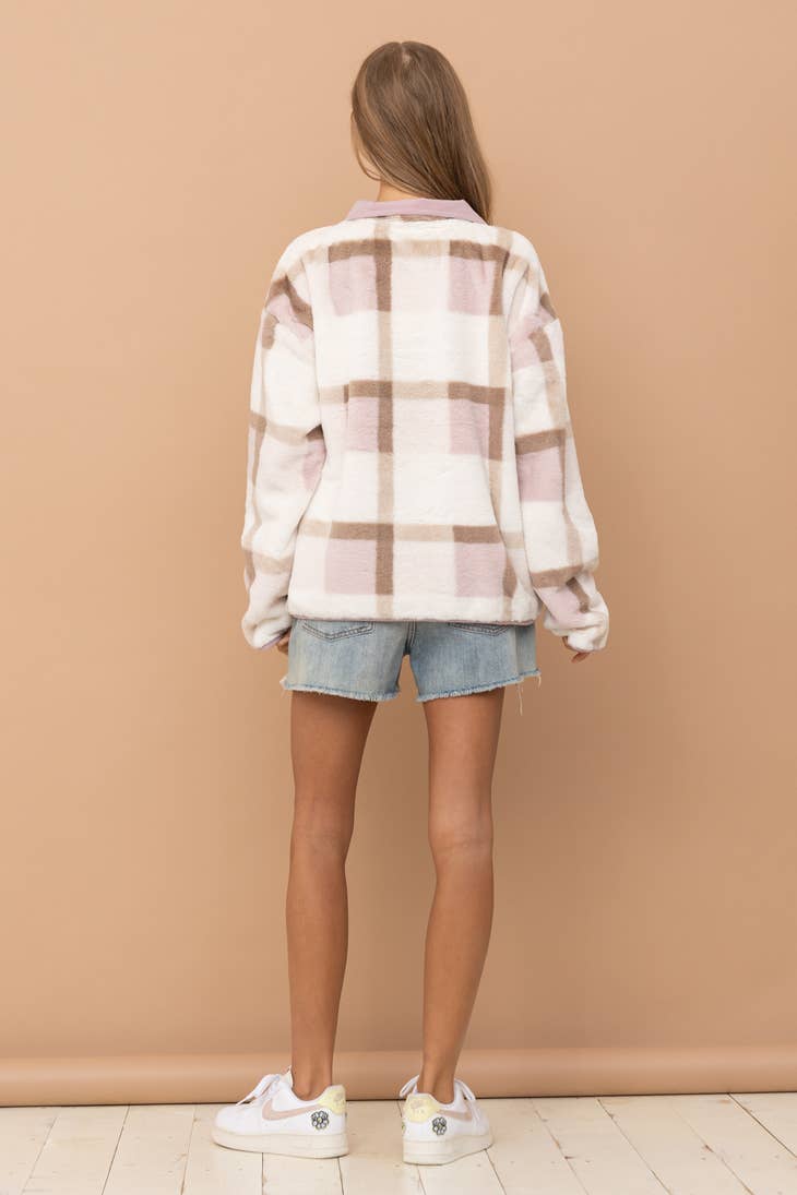 Soft Fur Plaid Button Up Pocket Front Pullover (SO SOFT)