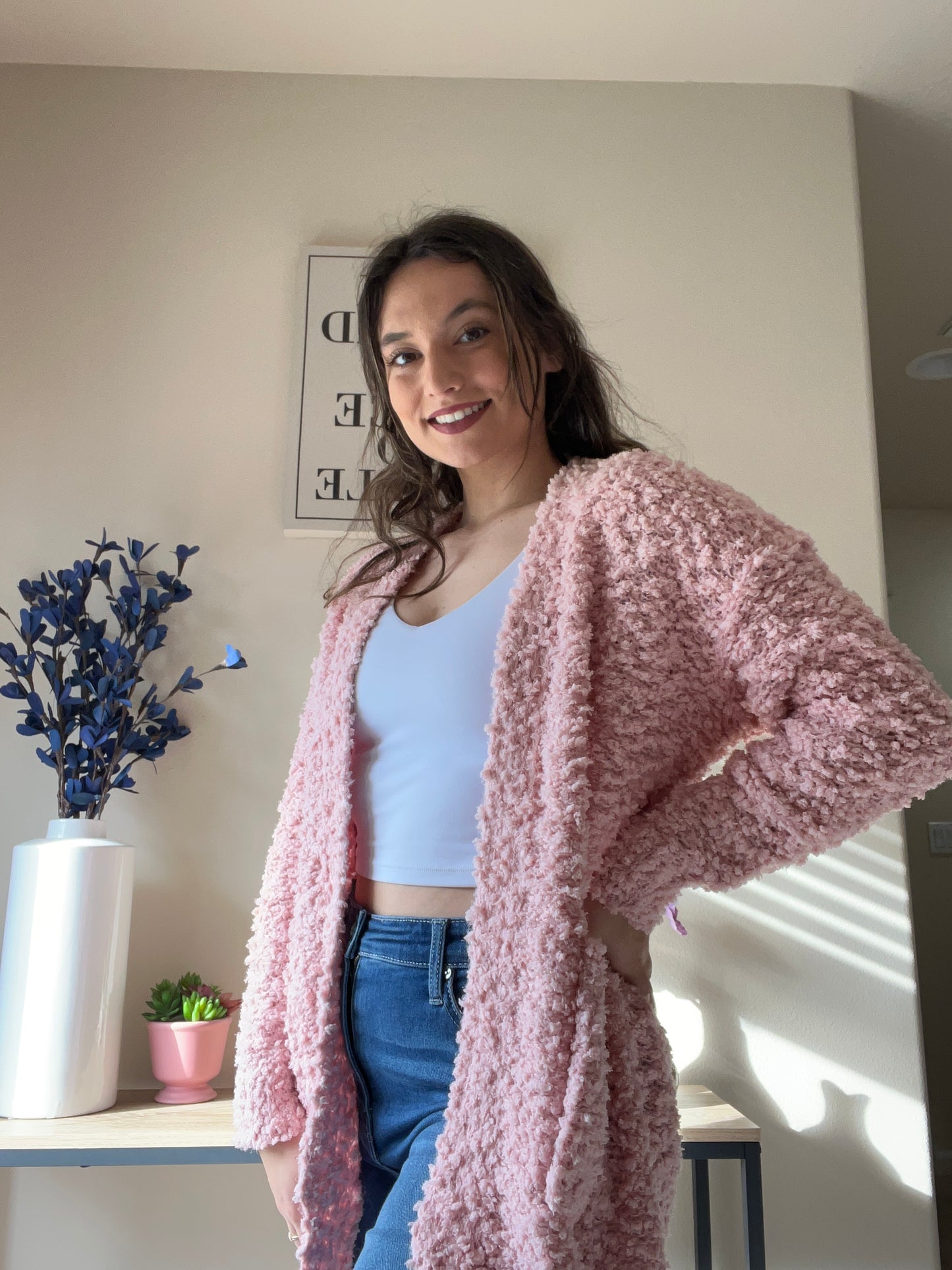 FLUFFY BOUCLÉ OPEN FRONT CARDIGAN