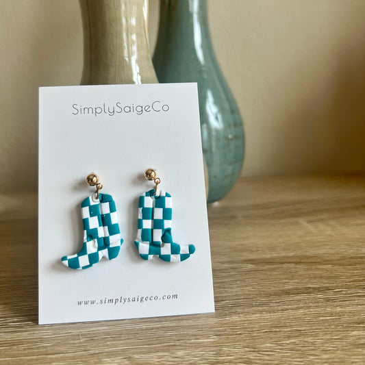 Turquoise and White Checkered Cowboy Earrings