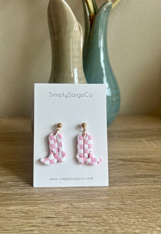 Pink and White Checkered Cowboy Boot Earrings