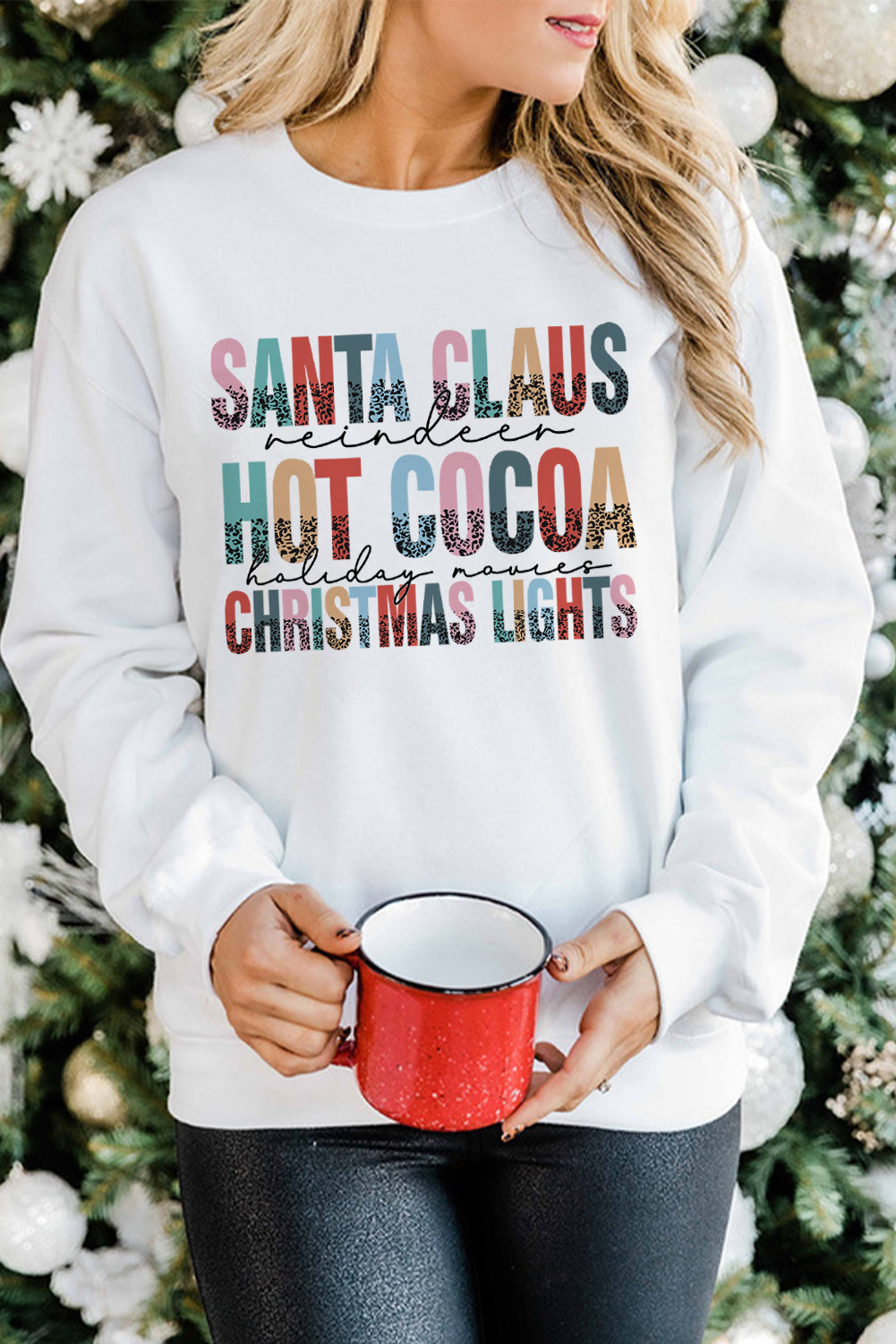 White SANTA CLAUS HOT COCOA CHRISTMAS LIGHTS Graphic Sweatshirt